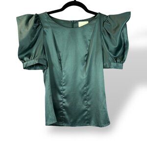 Review Blouse Womens Sz 6 Green Satin Square Puff Sleeve Boat Neck Stretch Top